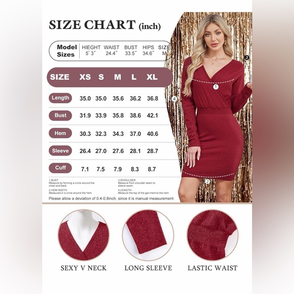 🆕 Sexy V Neck Batwing Sleeve Sparkly Holiday Bodycon Midi Dress - Picture 2 of 2